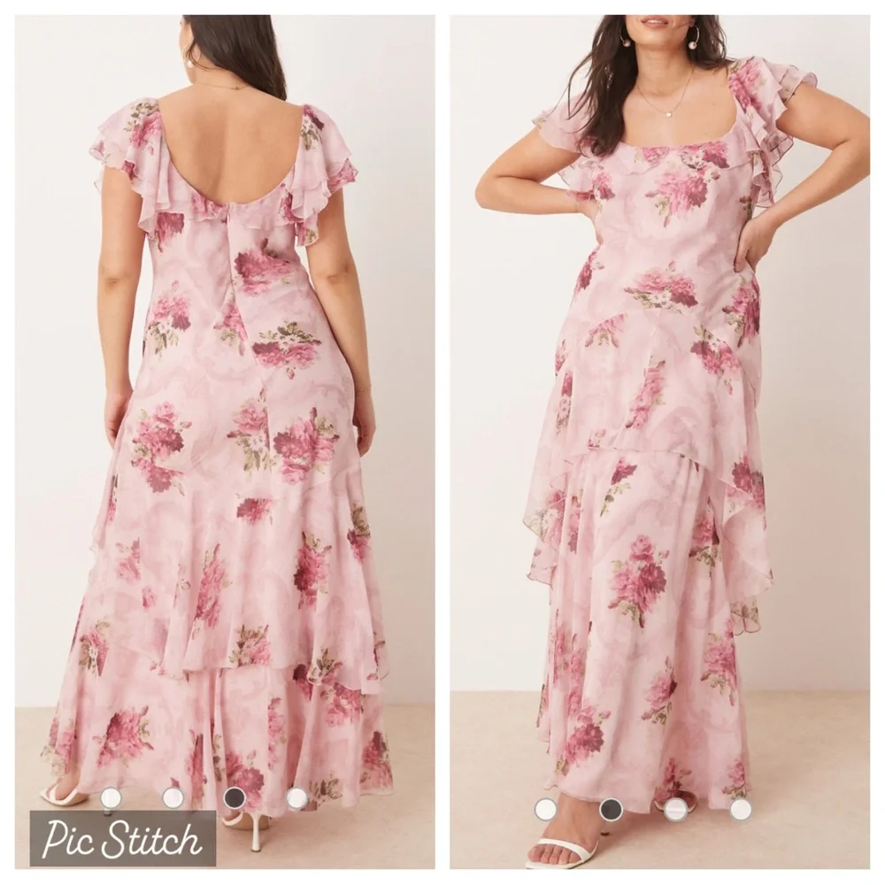 ASOS Design Curve ruffle maxi dress with flutter sleeves in pink floral print - Picture 3 of 12